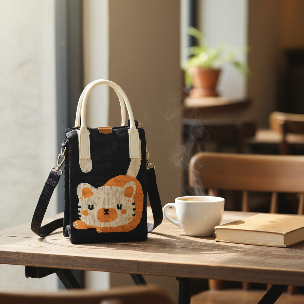 Purrfect Whiskers Knitted Wrist Bag in cozy café setting